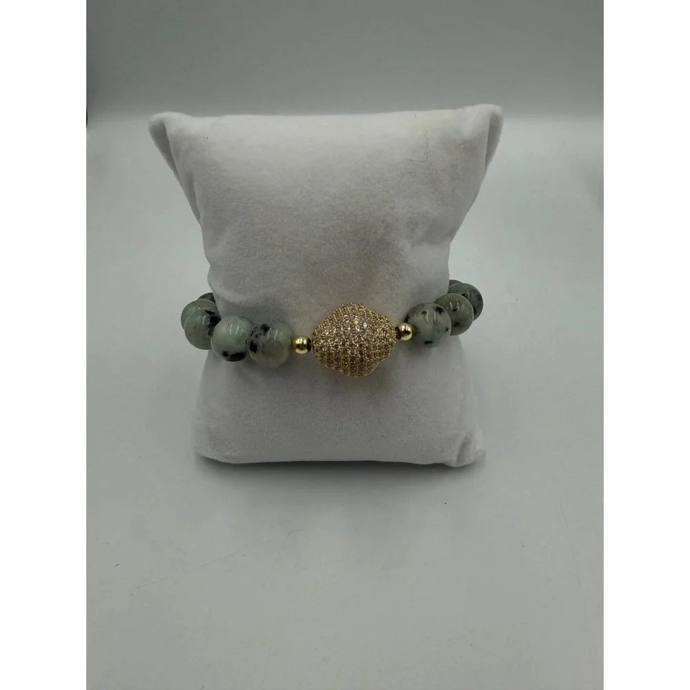 Gemstone Beaded Stretch Bracelet Gold Pave Crystal Focal‎ Bead Star Charm Green